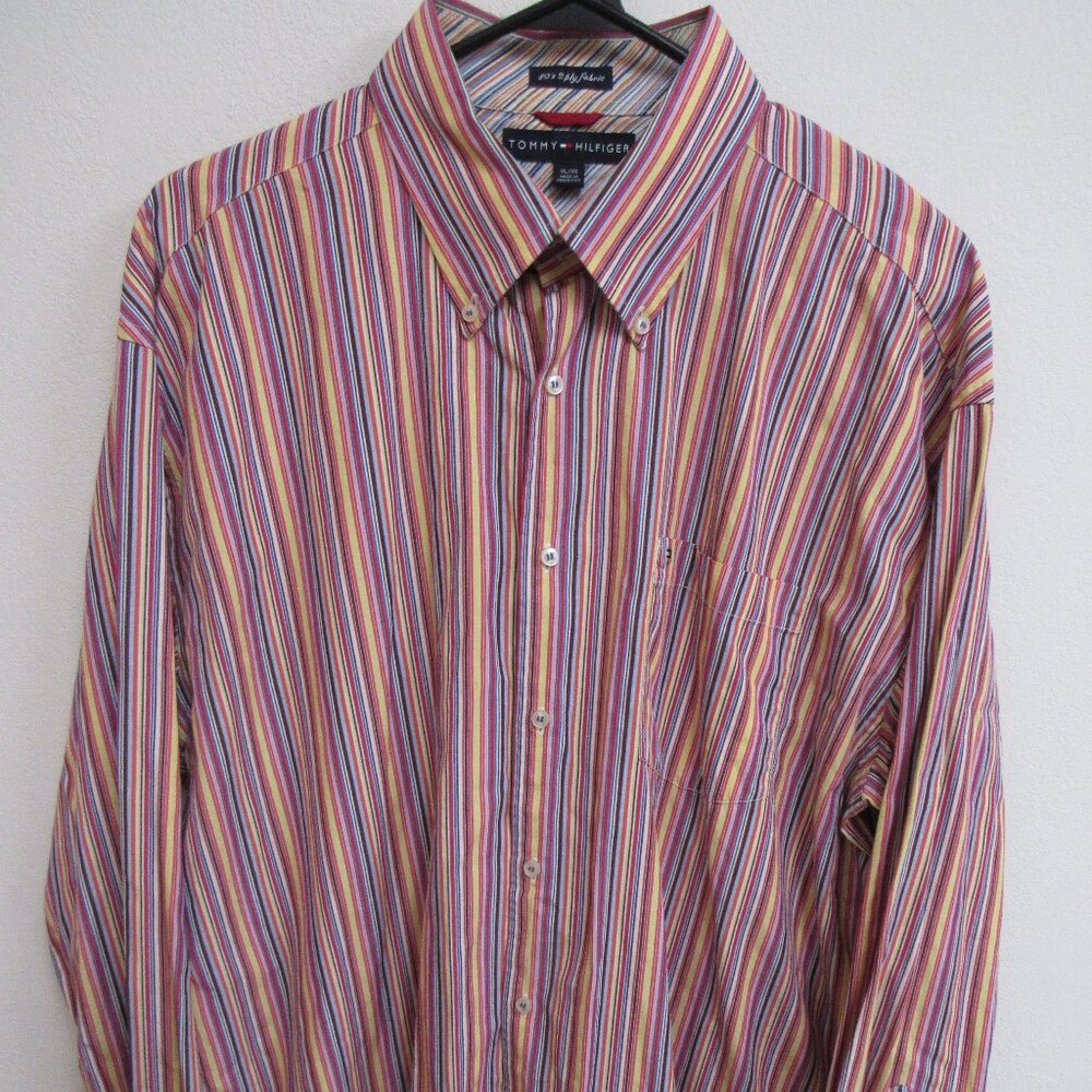 Tommy Hilfiger 80's 2 Ply Fabric Colorful Striped Long Sleeve Shirt XL